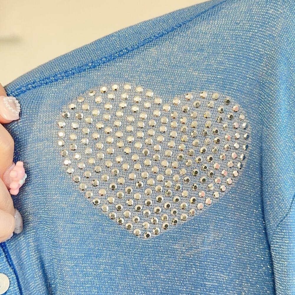 Vintage 2000s Victorias Secret PINK Metallic Heart Heathered Henley Top Blue M - Picture 3 of 8